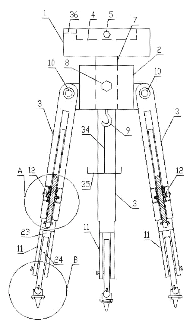 Surveying Tripod with Bevel-Gear Micro-Leveling and Circular Bubble Scale - patent drawing