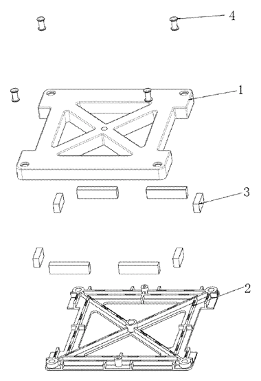 X-Braced Square Magnetic Building Tile with Locating-Post Shell - Patent drawing - exploded tile