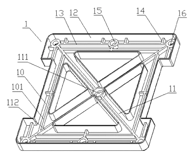 X-Braced Square Magnetic Building Tile with Locating-Post Shell - Patent drawing - first shell