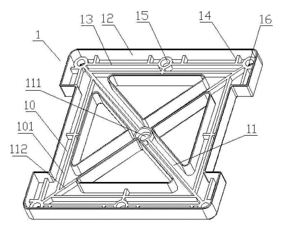 X-Braced Square Magnetic Building Tile with Locating-Post Shell - patent drawing