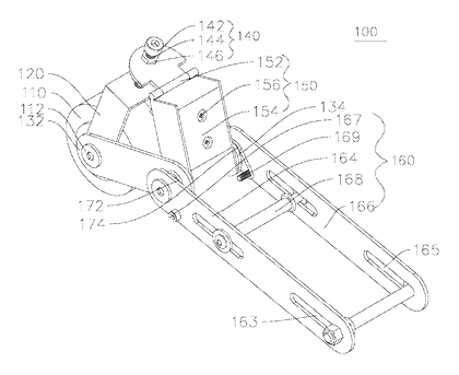 Roller-Activated Inline Skate Brake with Adjustable Shoe Piece - Patent drawing - skate brake structure
