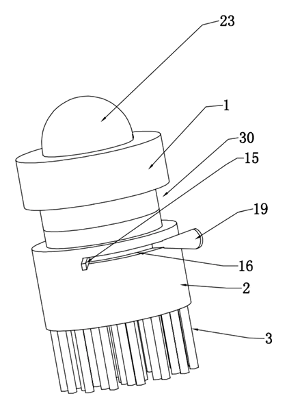 Pot Brush with Adjustable Bristle Length and Gear-Driven Rotation - Patent drawing - assembled pot brush