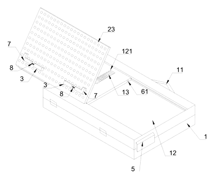 Intelligent Notebook Computer Support Bag with Integrated Stand - Patent drawing - assembled bag with stand