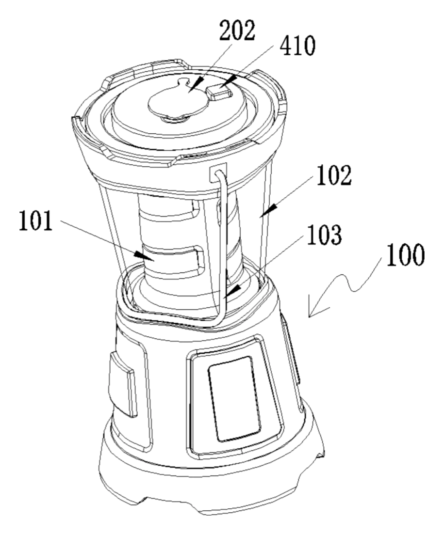 Camping Lantern with Built-In Flashlight Storage Cavity - patent drawing