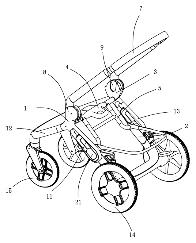 Folding Frame for Baby Strollers with Sliding Wheel Linkage - patent drawing