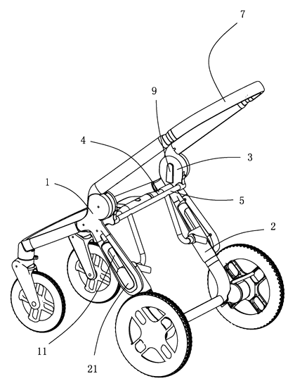 Folding Frame for Baby Strollers with Sliding Wheel Linkage - Patent drawing - alternative linkage connection