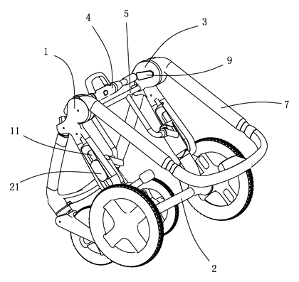 Folding Frame for Baby Strollers with Sliding Wheel Linkage - Patent Fig. 4