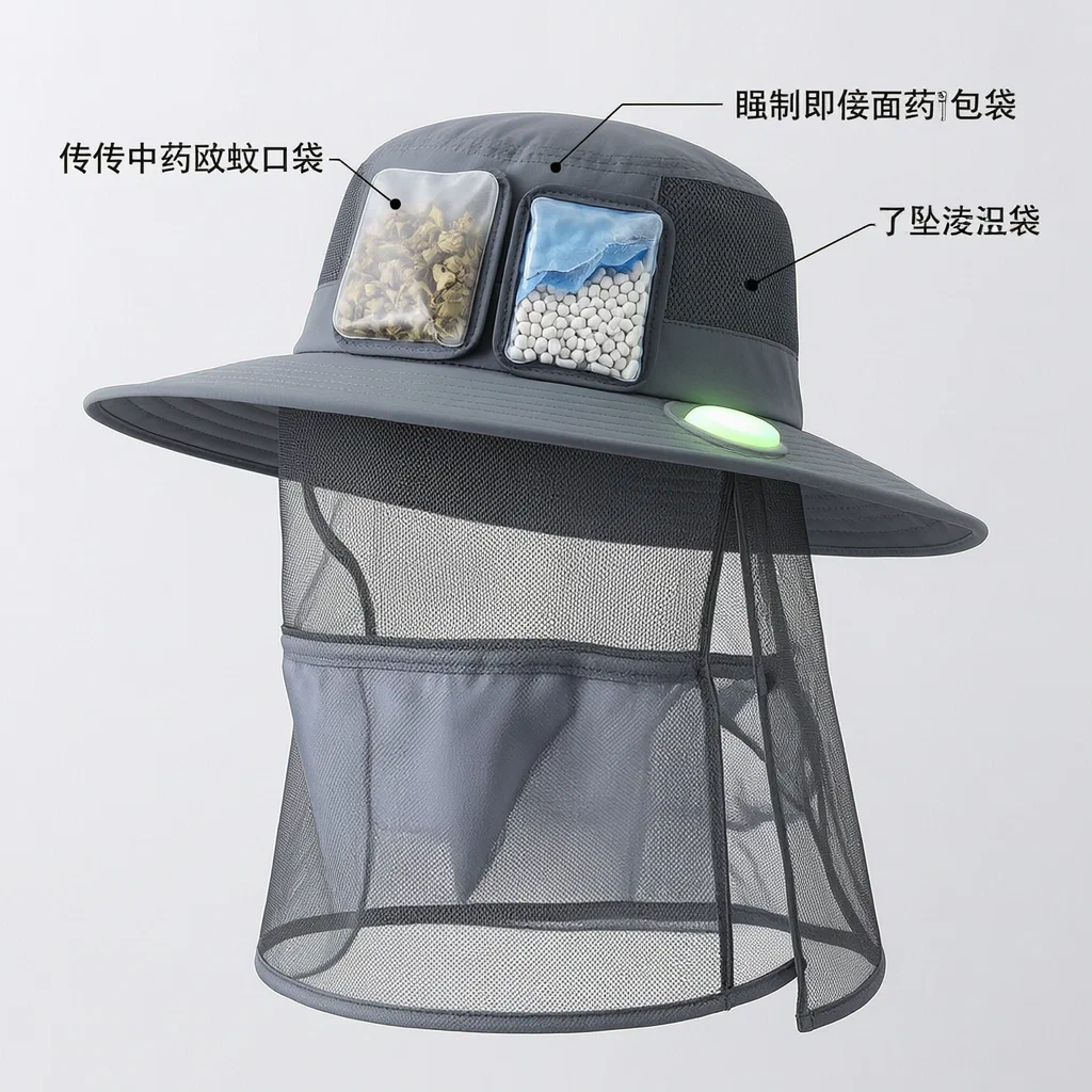 Sunshade Fishing Hat with Replaceable Mosquito Repellent and Cooling Packs - product render