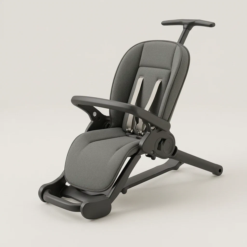 Folding Child Seat with Linked Backrest and Armrest Mechanism - product render
