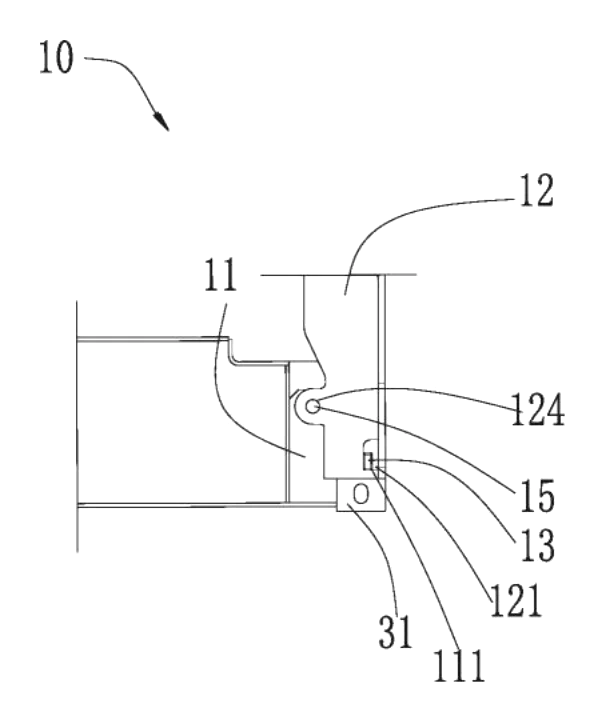 Hinge Device for Folding Containers with Integrated Twistlock Hole - patent drawing