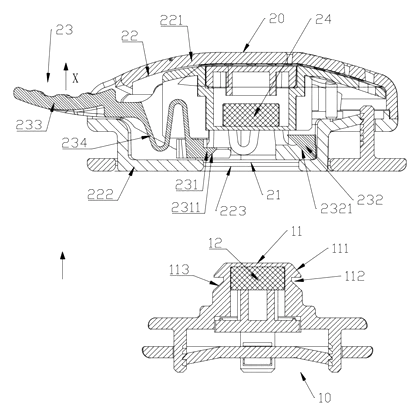 Toggle-Unlock Buckle with Combined Opening Motion - Patent drawing - exploded buckle components