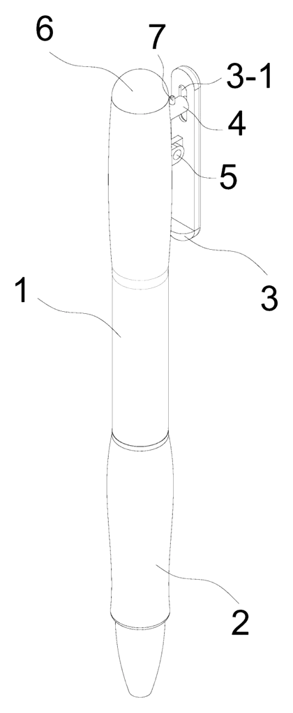 Push-Type Ballpoint Pen with a Pressing Pen Clip Mechanism - Patent drawing - assembled pen