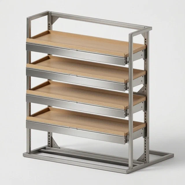 Telescopic Shelf Rack with Front-Back Sliding and Locking Mechanism - product render