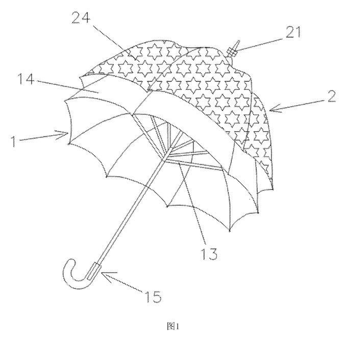 2-in-1 Parent & Child Umbrella - Patent Fig. 1 - the umbrella open with the small canopy on top