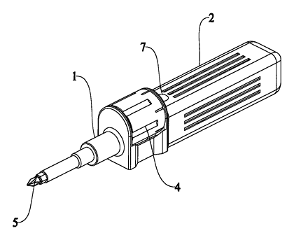 Multifunctional Screwdriver with a Sliding Bit Changer and Locking Plate - Patent drawing - assembled screwdriver