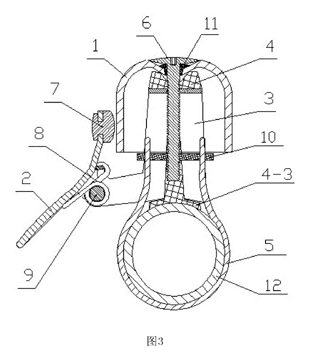 Compact Torsion-Spring Bike Bell - Patent Fig. 3 - section through the bell on the handlebar