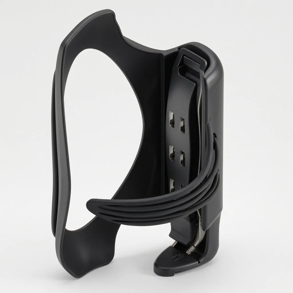 Bicycle Bottle Cage with Integrated Tire Levers and Tool Heads - product render
