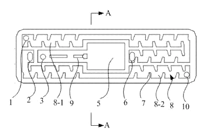 Flat Pressure-Compensating Drip Emitter with Built-In Filter Chamber for Drip Tape - Patent drawing - lower surface