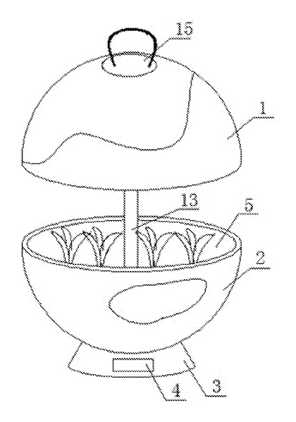 Globe-Shaped Fish Tank and Flowerpot Device with Auto-Watering - Patent drawing - fish tank flowerpot device in use