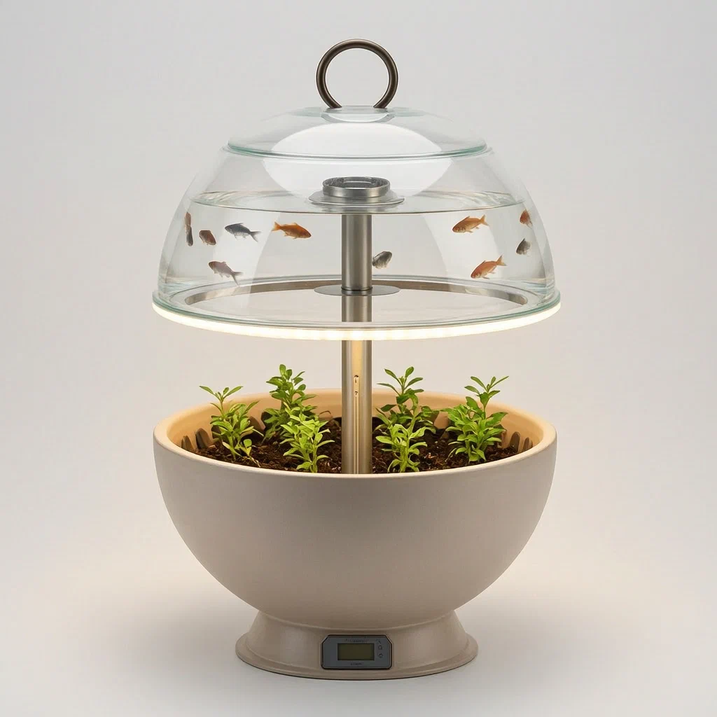 Globe-Shaped Fish Tank and Flowerpot Device with Auto-Watering - product render