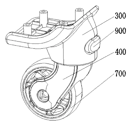 Detachable Luggage Wheel Assembly with Card and Pivot Lock - Patent drawing - structural representation of the wheel assembly
