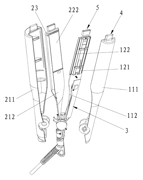 Angled-Plate Hair Straightener - Patent drawing - exploded view