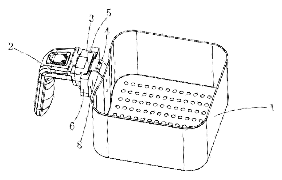 Air Fryer Basket with a Drop-On Handle That Locks and Releases by Button - patent drawing