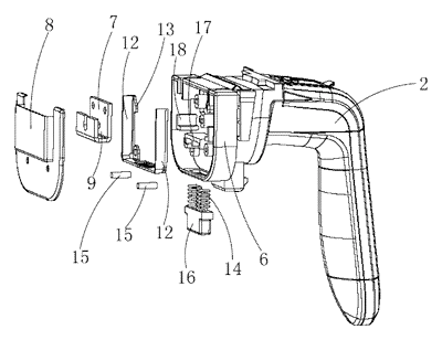 Air Fryer Basket with a Drop-On Handle That Locks and Releases by Button - Patent drawing - handle exploded