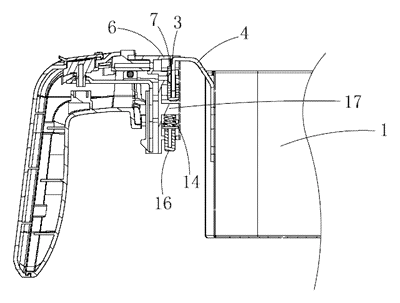 Air Fryer Basket with a Drop-On Handle That Locks and Releases by Button - Patent drawing - assembly section