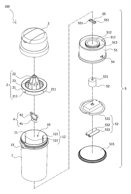 Juice Extracting and Stirring Cup with Magnetic Drive - Patent drawing - exploded assembly