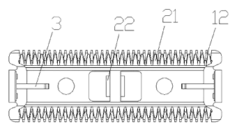 Foil Shaver Head with Arc-Shaped Stationary Knife and Spring-Clamped Moving Blade - Patent drawing - upward view of the razor head