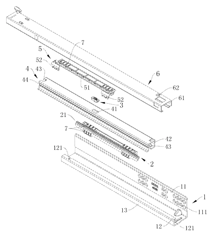 Rack-and-Pinion Synchronized Drawer Slide with a Folded-In Fixed Rail - Patent drawing - exploded slide