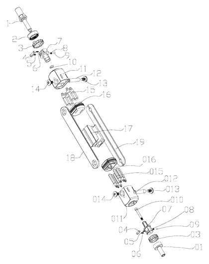 Storage-Type Ratchet Wrench with Foldable Tool Bodies and Internal Bit Compartment - Patent drawing - exploded view