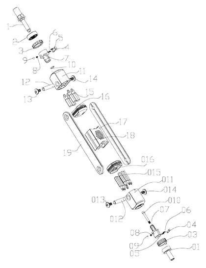 Storage-Type Ratchet Wrench with Foldable Tool Bodies and Internal Bit Compartment - Patent drawing - device with tool body rotated 180 degrees