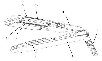 Essential Oil Dispensing Hair Straightener with Auto-Feed Cartridge - Patent drawing - overall straightener view