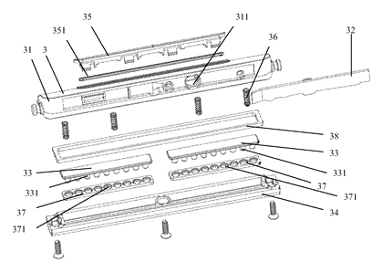 Essential Oil Dispensing Hair Straightener with Auto-Feed Cartridge - Patent drawing - oil case exploded view