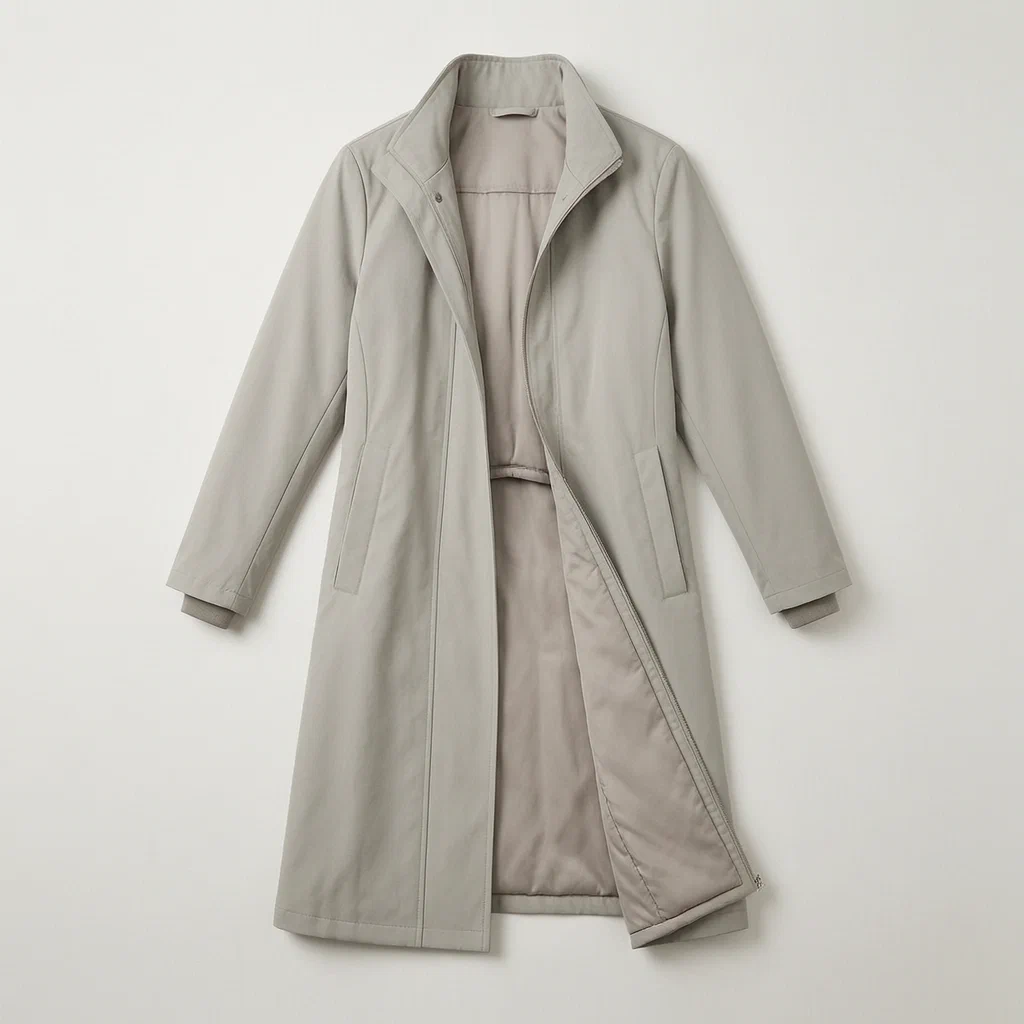 Wind Coat with Detachable Inner Liner Inserted Through a Back Opening - product render