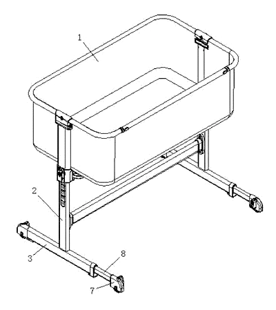 Bedside Crib Base with Spring-Loaded Telescoping Caster Legs - Patent Fig. 1