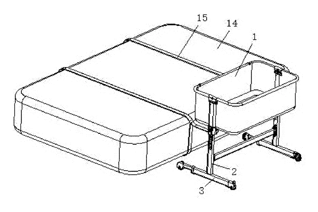 Bedside Crib Base with Spring-Loaded Telescoping Caster Legs - patent drawing