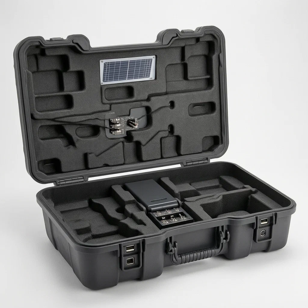 Multifunctional Tool Box with Integrated Rechargeable Battery Pack and Solar Charging - product render