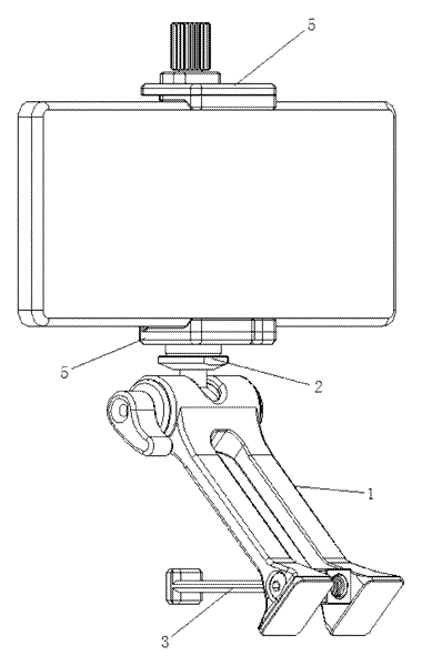 Phone Clip Mount with Fold-Out Stand Leg - Patent drawing - standing on a table
