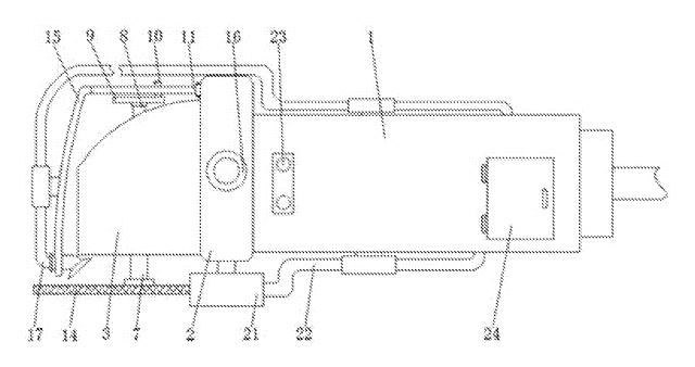 Angle Grinder with Built-In Dust Extraction and Oscillating Air Cooling - patent drawing