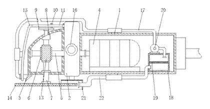 Angle Grinder with Built-In Dust Extraction and Oscillating Air Cooling - Patent drawing - sectional view of the internal components