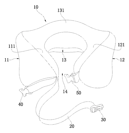 Portable Neck Pillow with Integrated Compression Storage Belt - Patent drawing - neck pillow with storage belt