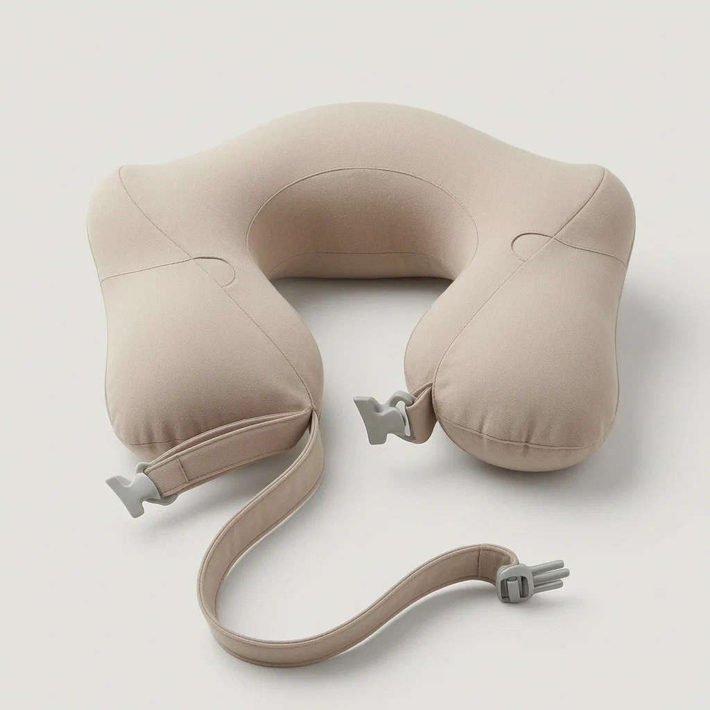 Portable Neck Pillow with Integrated Compression Storage Belt - product render