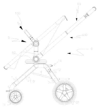 Baby Stroller Frame with Direction-Adjustable Seat and One-Hand Fold - Patent drawing - side schematic view of the stroller frame