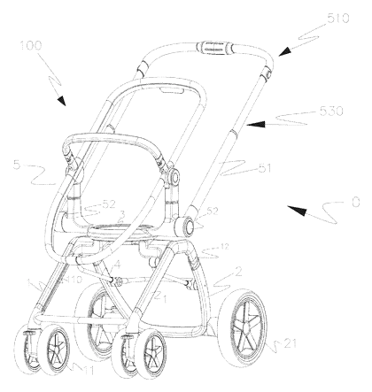 Baby Stroller Frame with Direction-Adjustable Seat and One-Hand Fold - Patent drawing - front left perspective view