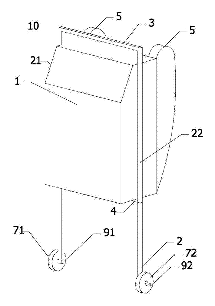 Side-Rail Rolling Backpack with Raised Wheels - patent drawing