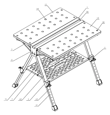 Double-Folding Workbench with Three-Part Tabletop and Telescopic Legs - Patent drawing - structural schematic diagram of the workbench