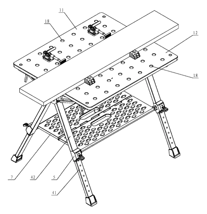 Double-Folding Workbench with Three-Part Tabletop and Telescopic Legs - Patent drawing - workbench used as a saw stool